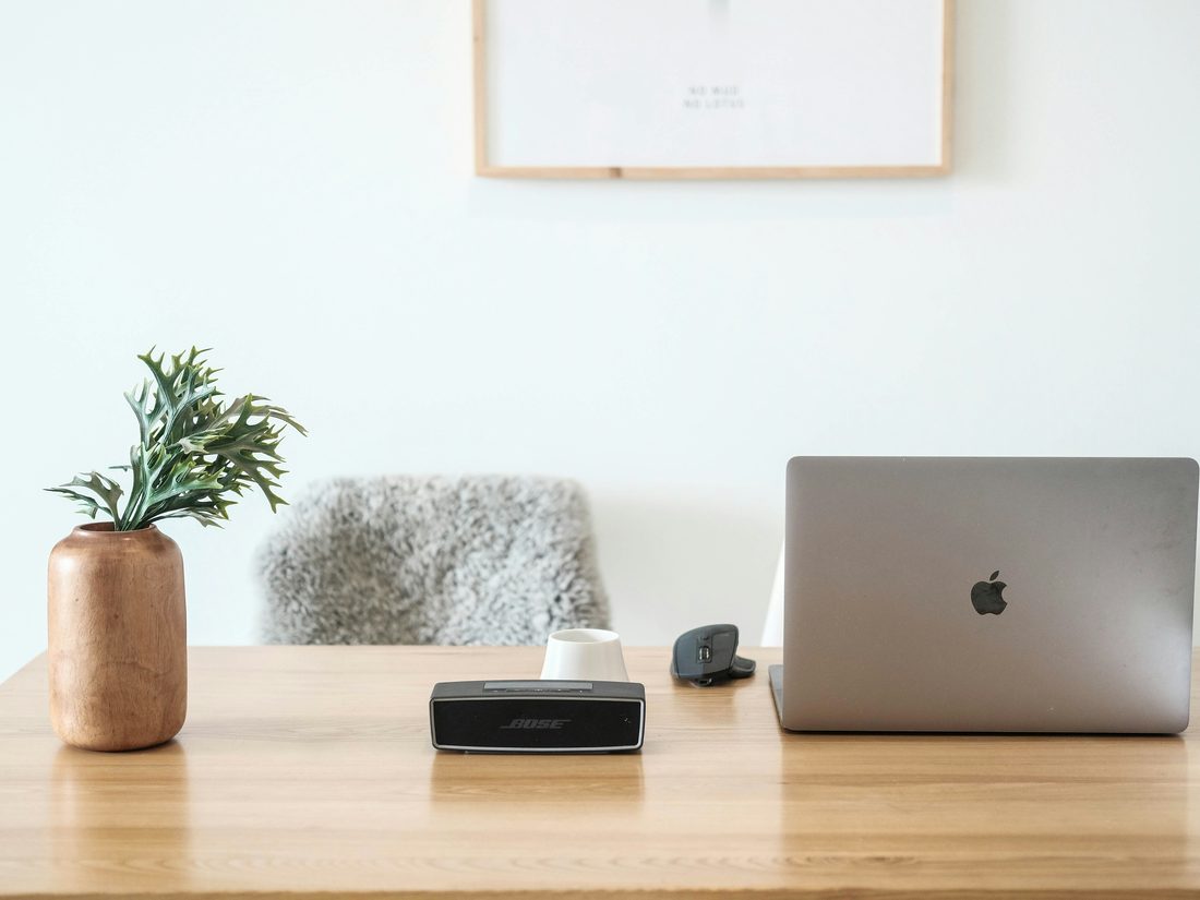 The same kind of desk, clear: a laptop, a plant and nothing else.